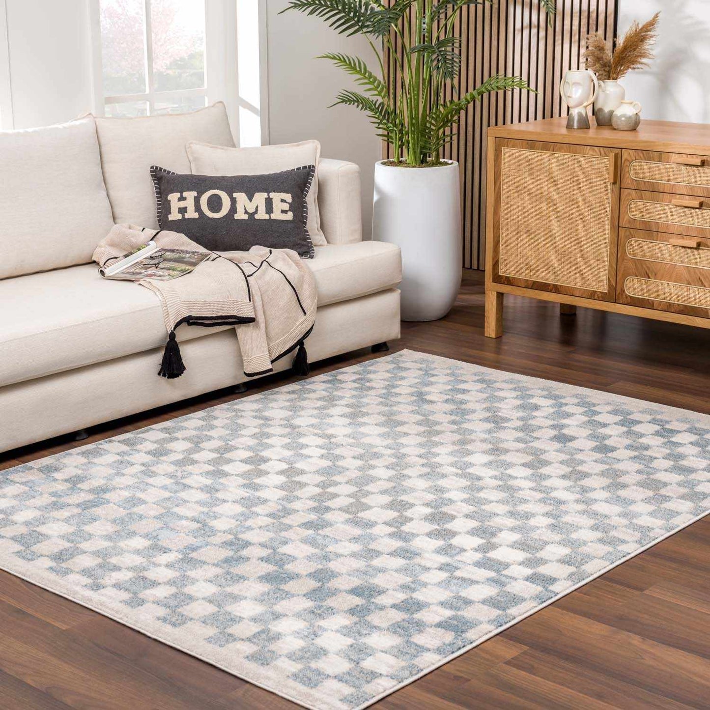Benjy Cream & Light Blue Checkered Area Rug from PriceLows™