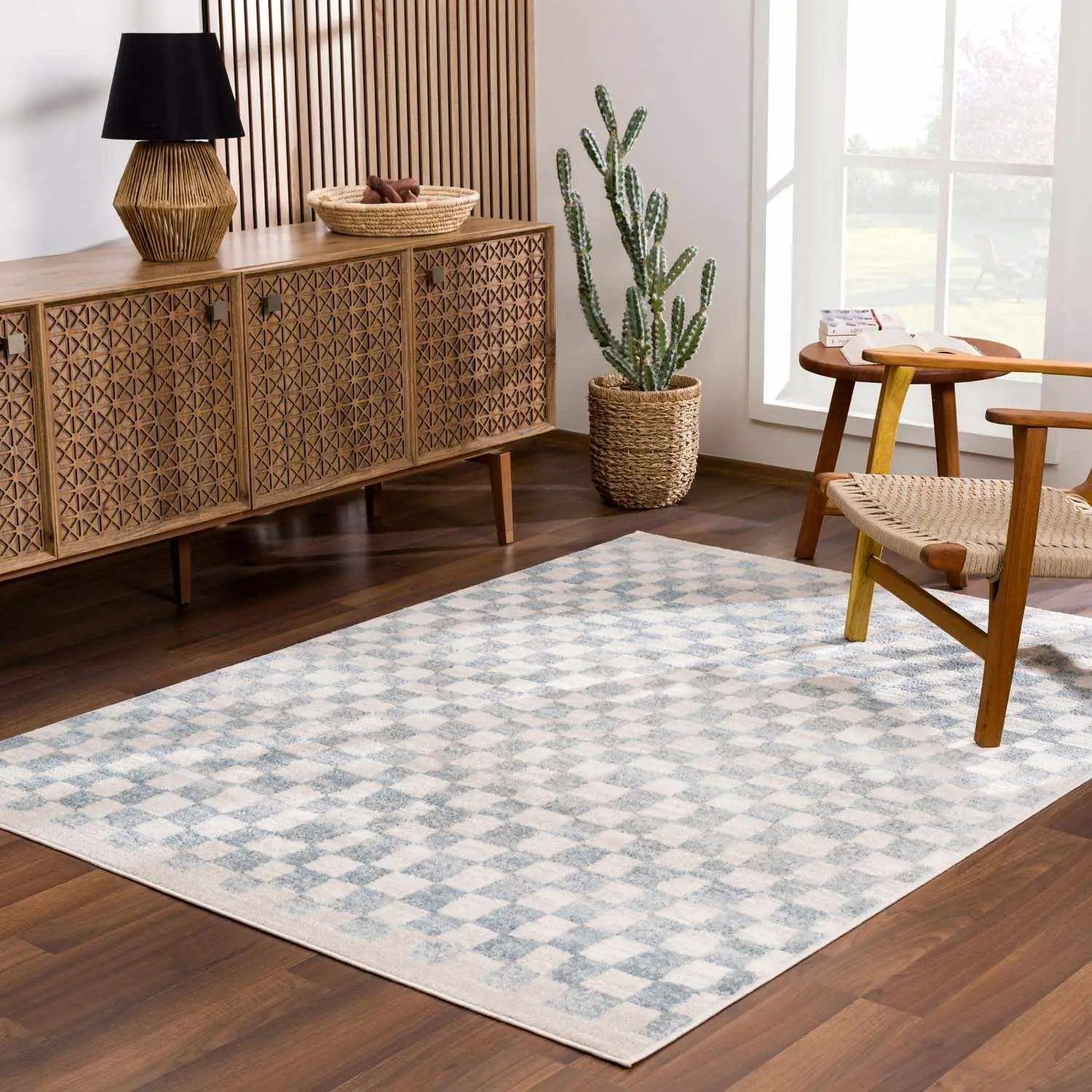 Benjy Cream & Light Blue Checkered Area Rug from PriceLows™