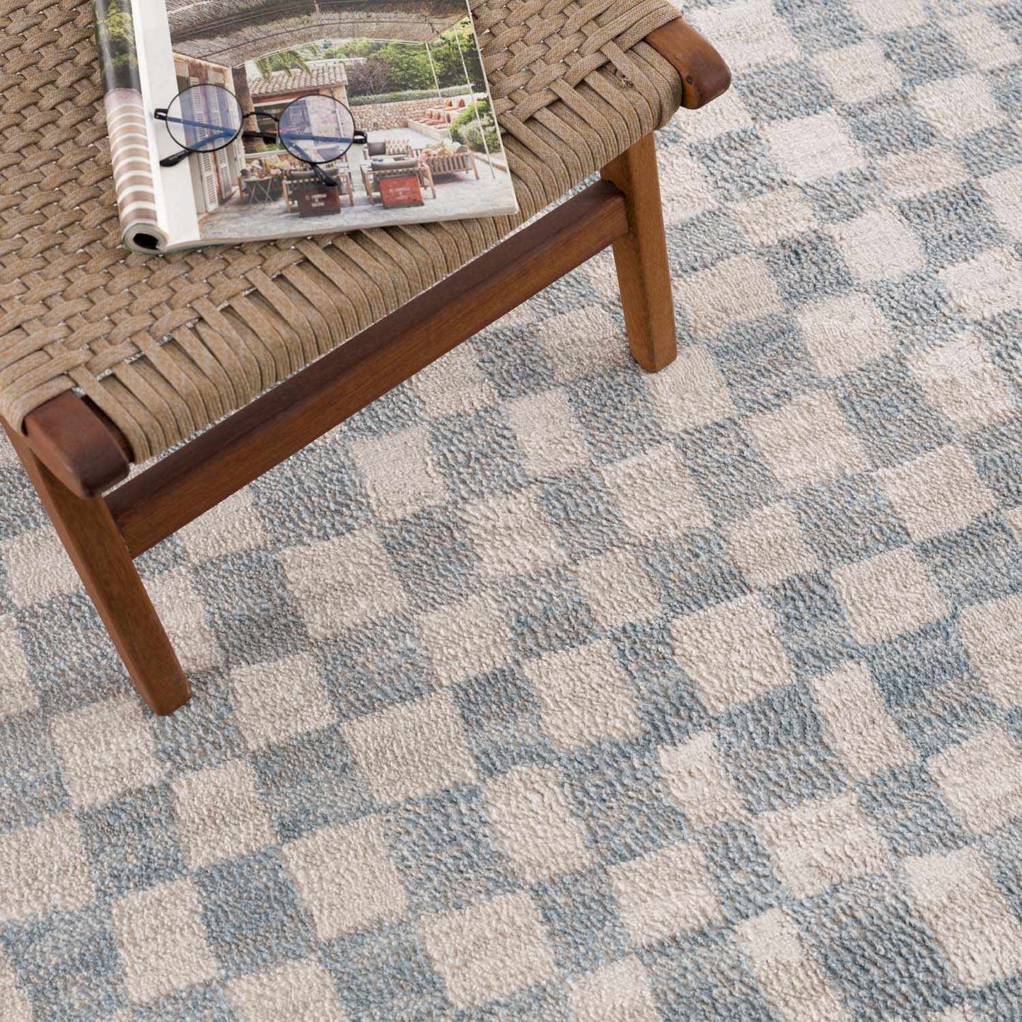 Benjy Cream & Light Blue Checkered Area Rug from PriceLows™