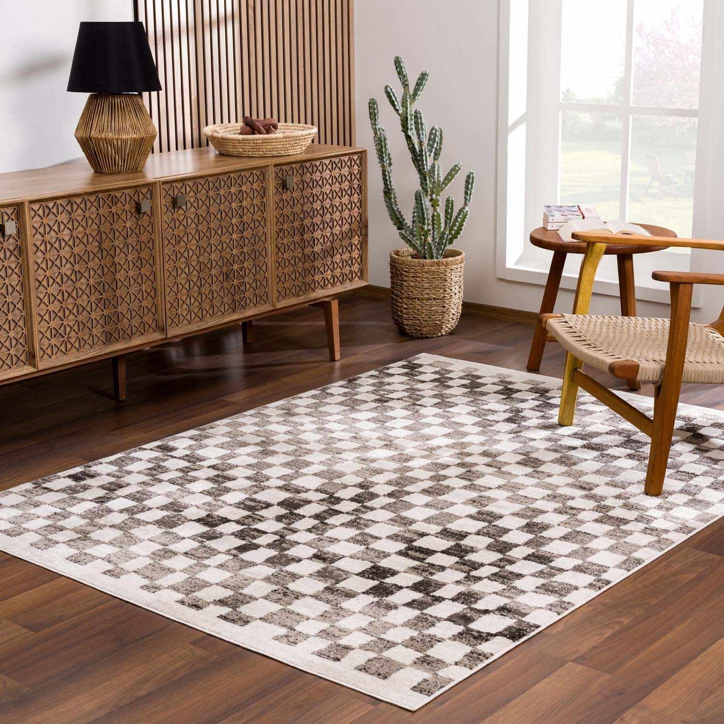 Benjy Cream & Charcoal Checkered Area Rug from PriceLows™