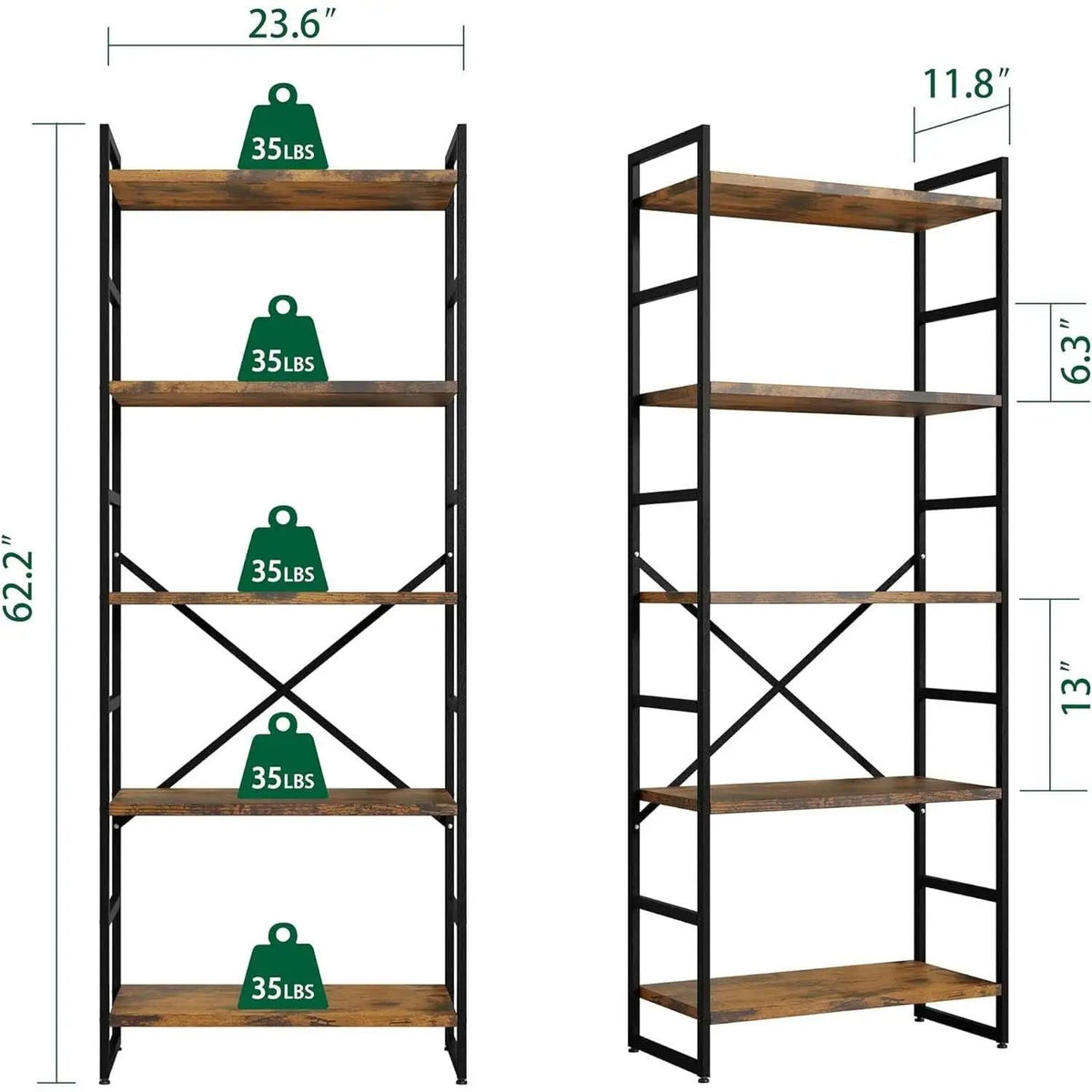Pair Of 5 Shelf Bookcases Rustic Brown Industrial Tall from PriceLows™