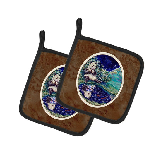Pot Holder Set of 2 | Heat Resistant Quilted Hot Pads | 7.5 x 7.5 Inch | Panda Bear with Baby