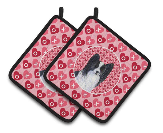 Pot Holder Set of 2 | Heat Resistant Quilted Hot Pads | 7.5 x 7.5 Inch | Papillon Hearts Love and Valentine's Day Portrait