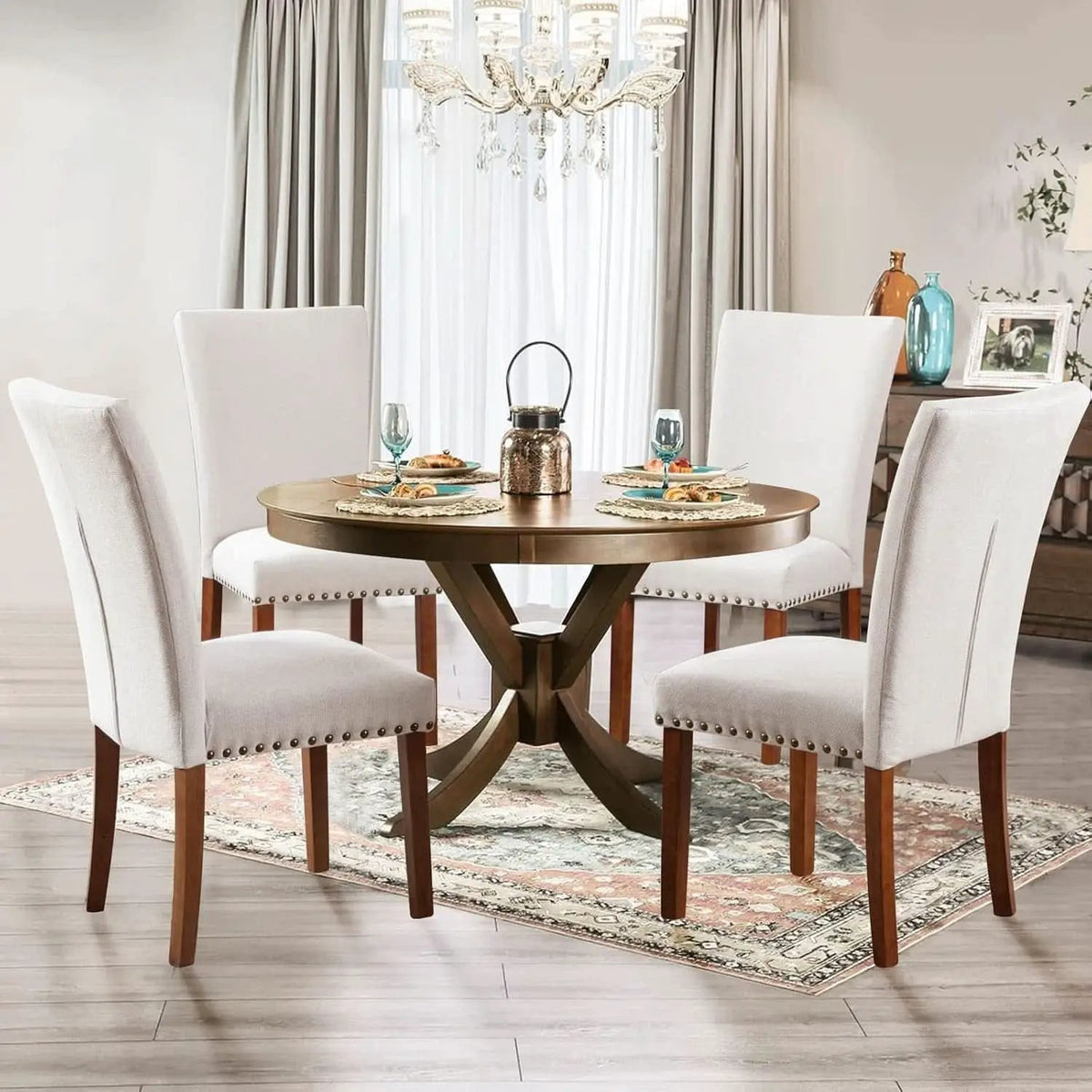 Parsons Dining Chairs Beige Upholstered Nailhead Set of 4 from PriceLows™