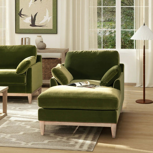Pasadena Modern Farmhouse Chaise Lounge Chair | 62 x 36 x 35 in | Rubberwood & Velvet | Olive Green