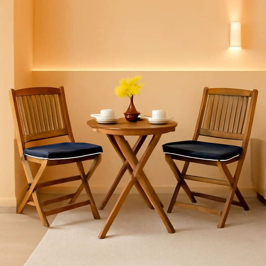 Patio Bistro Set With Wood Table And Navy Cushioned Chairs from PriceLows™