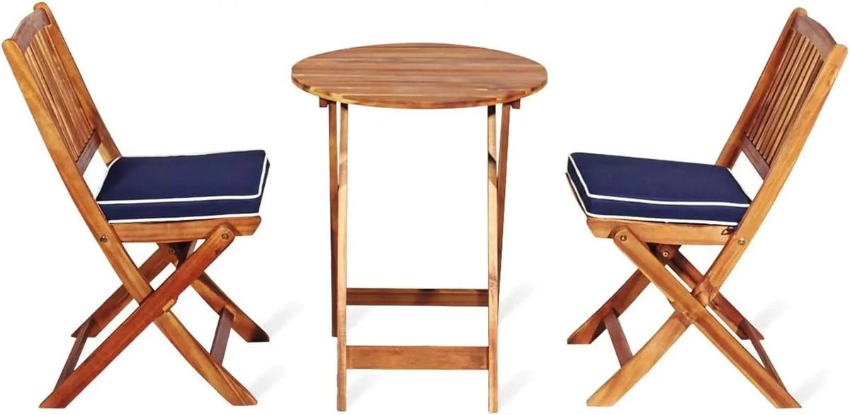 Patio Bistro Set With Wood Table And Navy Cushioned Chairs from PriceLows™