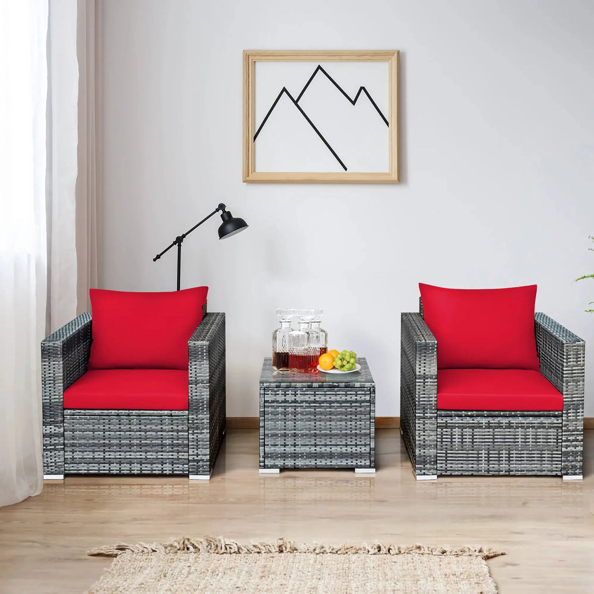 3 PC Patio Rattan Furniture Bistro Set Cushioned Sofa Chair Table Red from PriceLows™