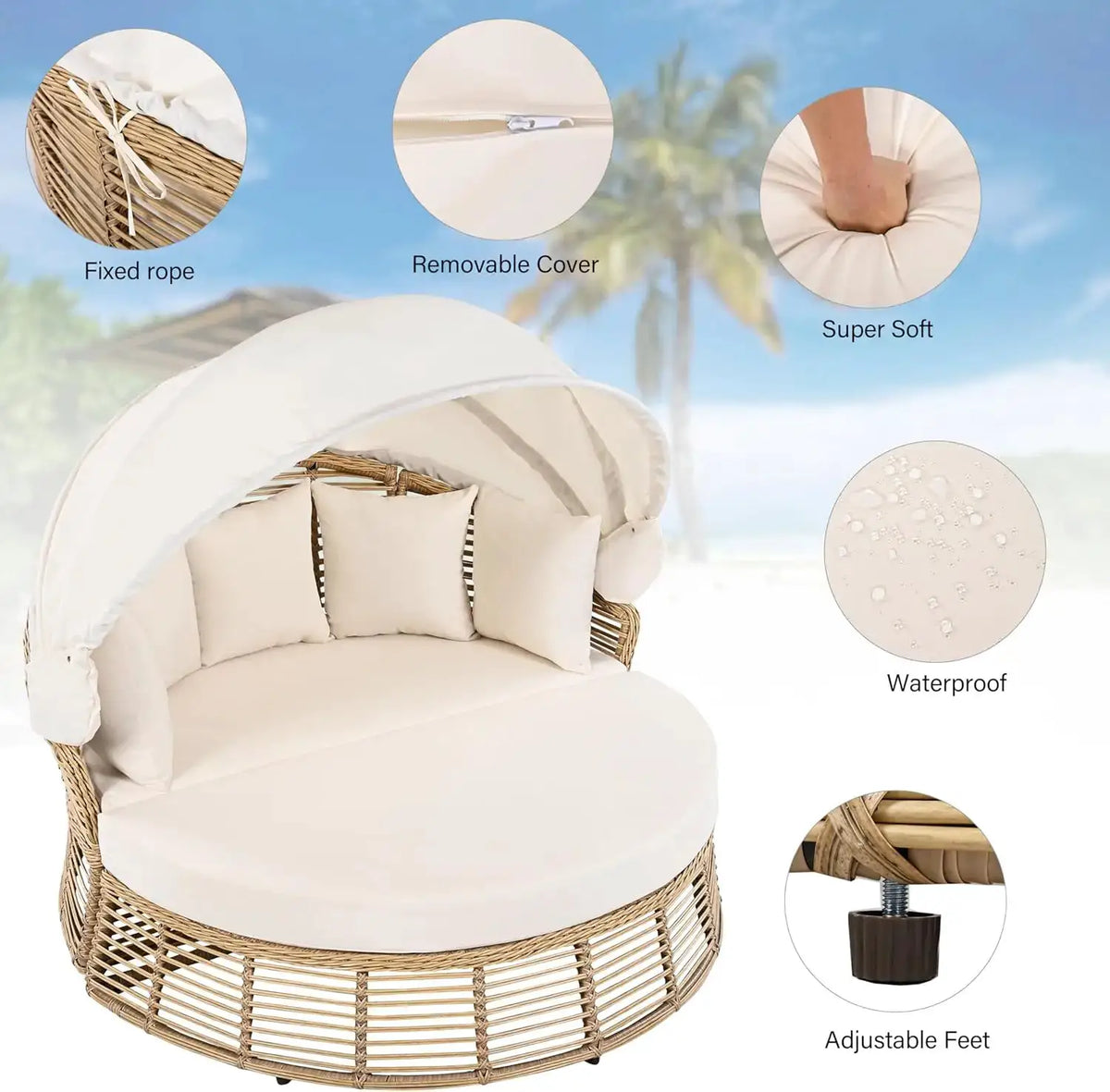 Outdoor Patio Rattan Round Daybed with Retractable Canopy Wicker Furniture Round Poolside Sofa Sunbed with Removable Cushions (B from PriceLows™