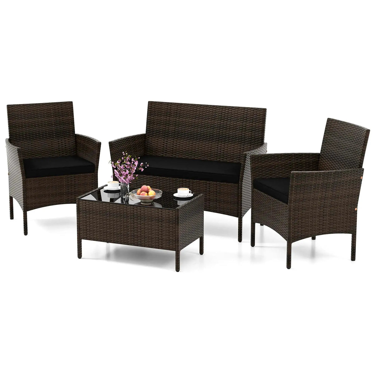4 PCS Patio Furniture Set with Washable Cushions and Tempered Glass Coffee Table Black from PriceLows™