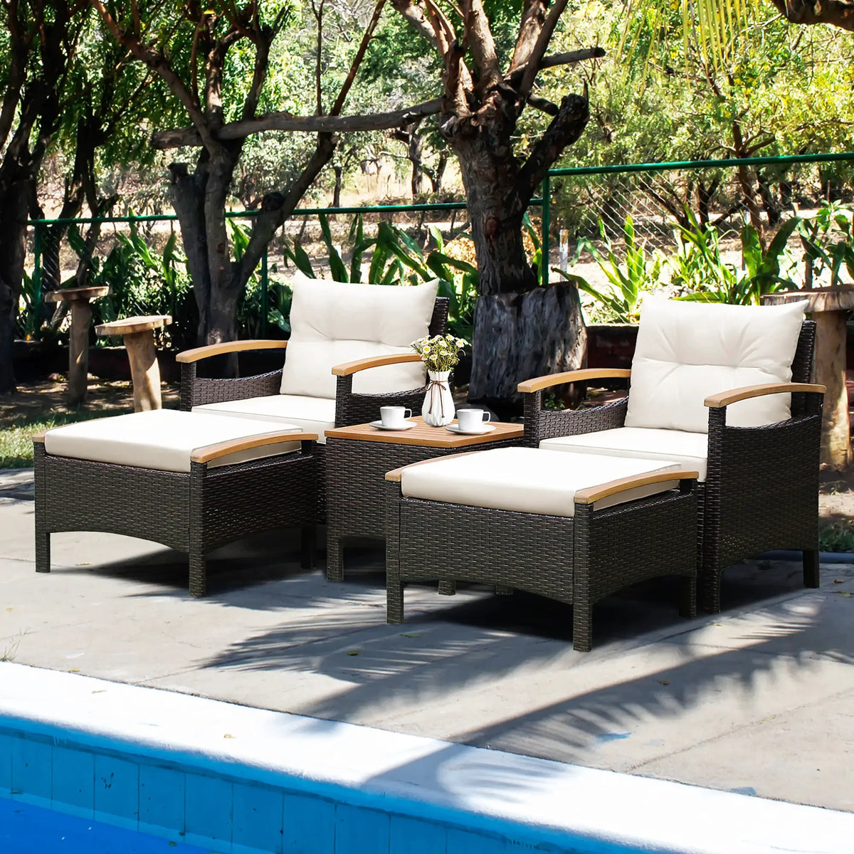 5PCS Patio Rattan Furniture Set Sofa Ottoman Cushioned Table W/Wood Top from PriceLows™