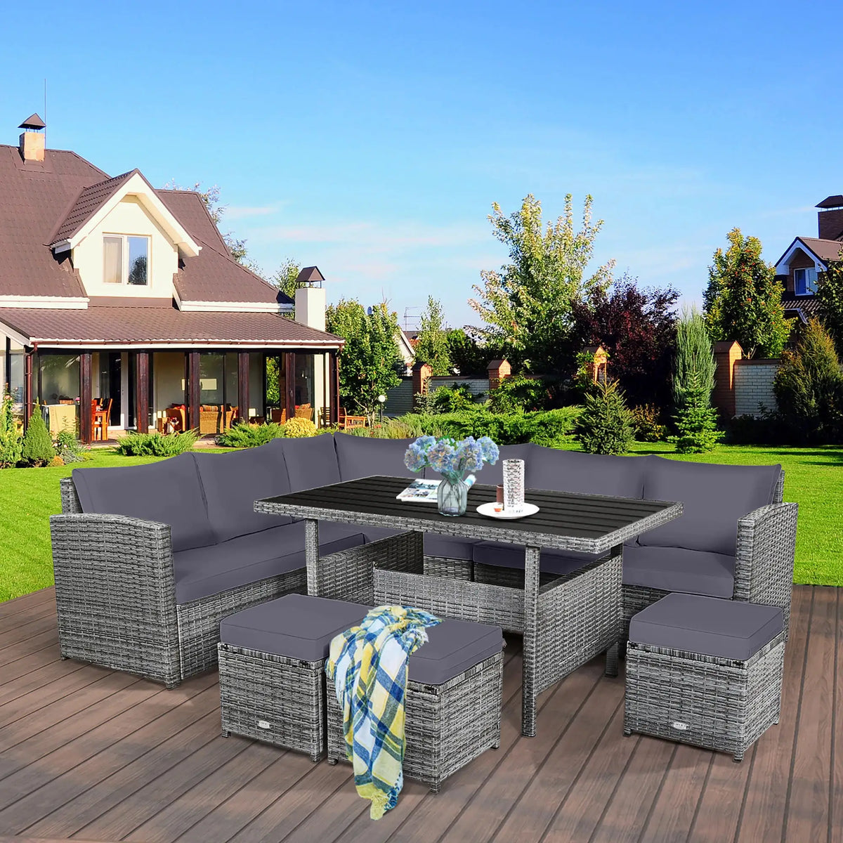 7 PCS Patio Rattan Dining Set Sectional Sofa Couch Ottoman Garden Grey from PriceLows™