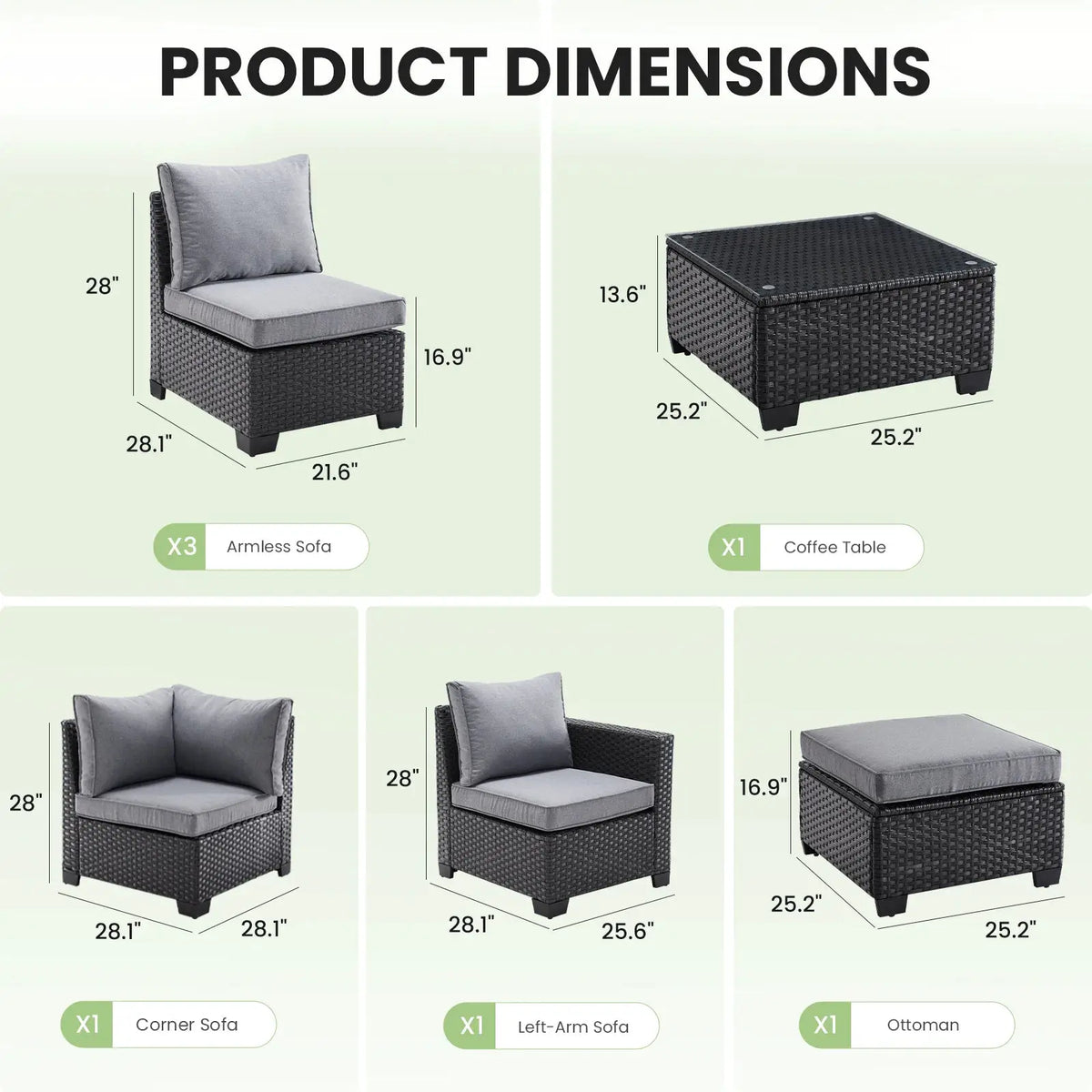Farini Patio Sectional Sofa Set, Outdoor Furniture with Ottoman, Water/Oil/Stain-Resistant Fabric, Dark Gray Cushion + Gray Wick from PriceLows™
