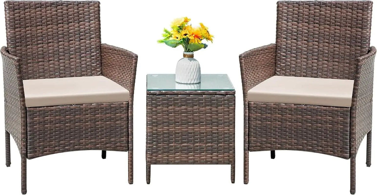 Patio Set 3 Piece All Weather Rattan Glass Table Brown from PriceLows™