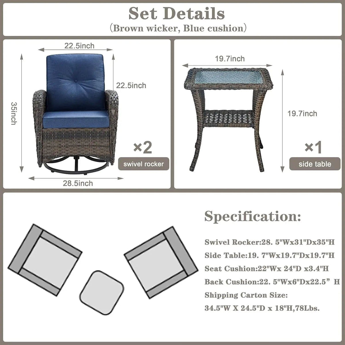 Patio Wicker Swivel Rocker Chairs Set Of 2 With Glass Top Side Table Brown Blue from PriceLows™