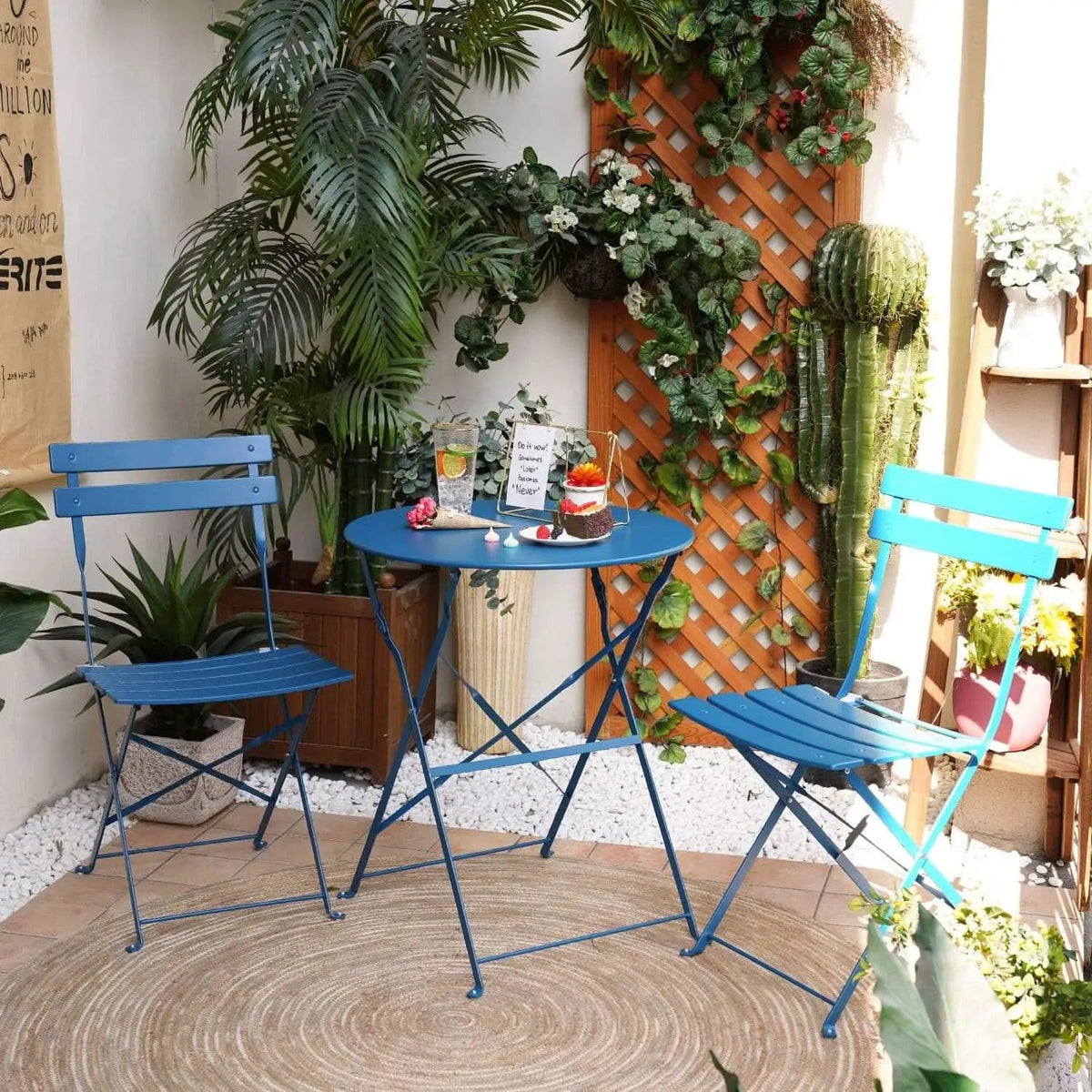 Peacock Blue 3 Piece Folding Bistro Set For Patio Garden from PriceLows™
