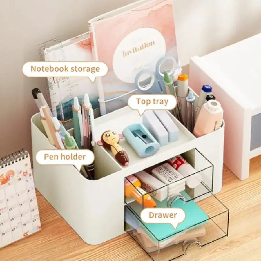 Pen Organizer with 2 Drawer, Multi-Functional Pencil Holder for Desk, Desk Organizers and Accessories with 5 Compartments + Dra from PriceLows™