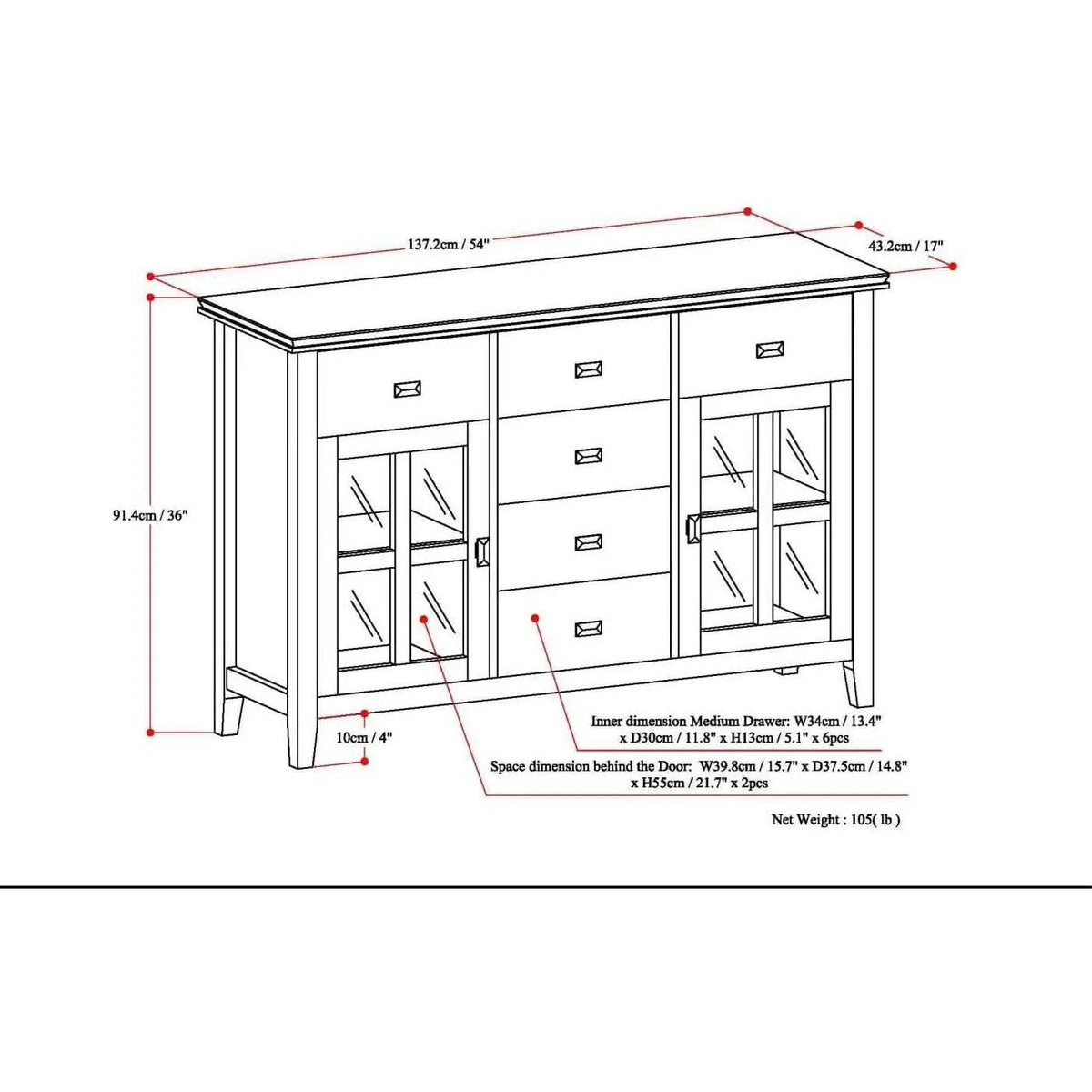 Pine Wood Sideboard Buffet Russet Brown Adjustable Shelves from PriceLows™