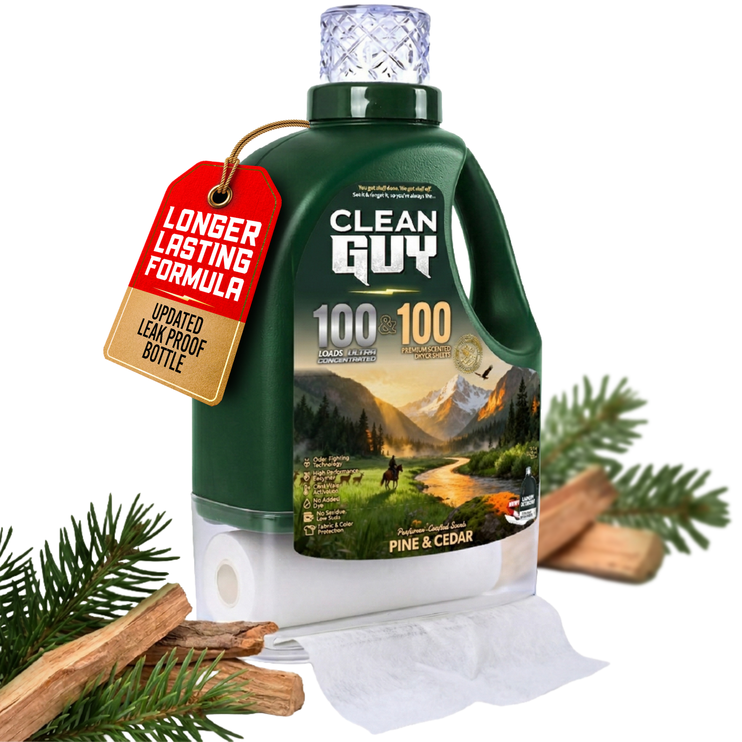 Heavy Duty Premium Laundry Detergent + Built-In Dryer Sheets (100 Loads) - PINE & CEDAR