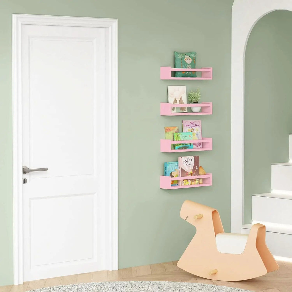 Pink Floating Wall Shelves Set Of 4 Wooden Bookshelves from PriceLows™