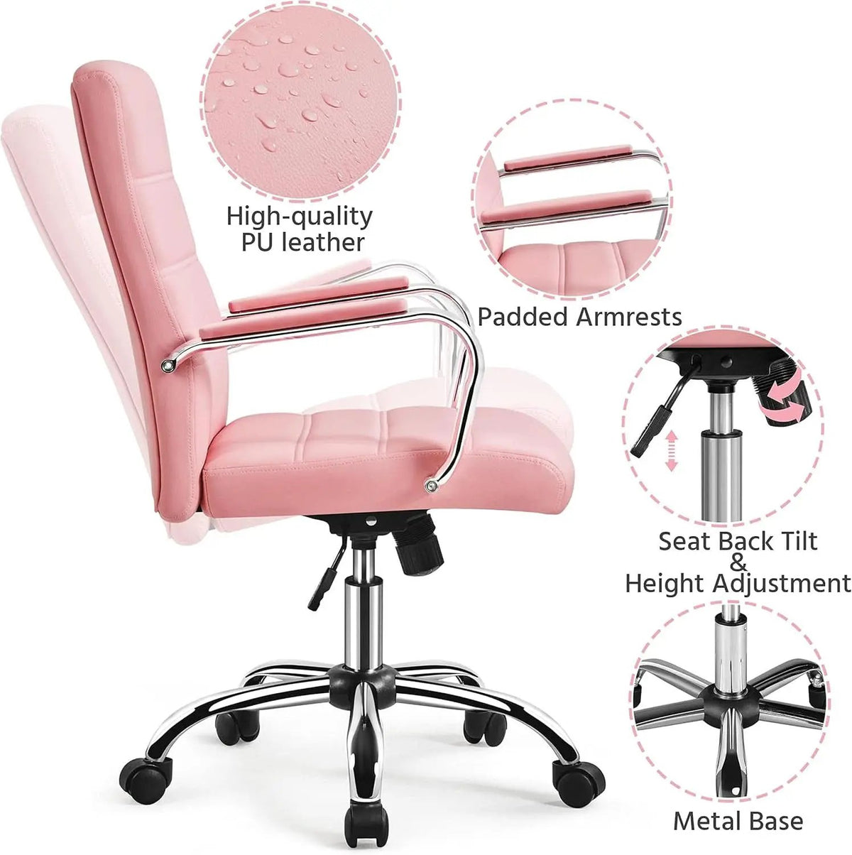 Pink Mid Back Office Chair With Arms 360 Degree Swivel from PriceLows™