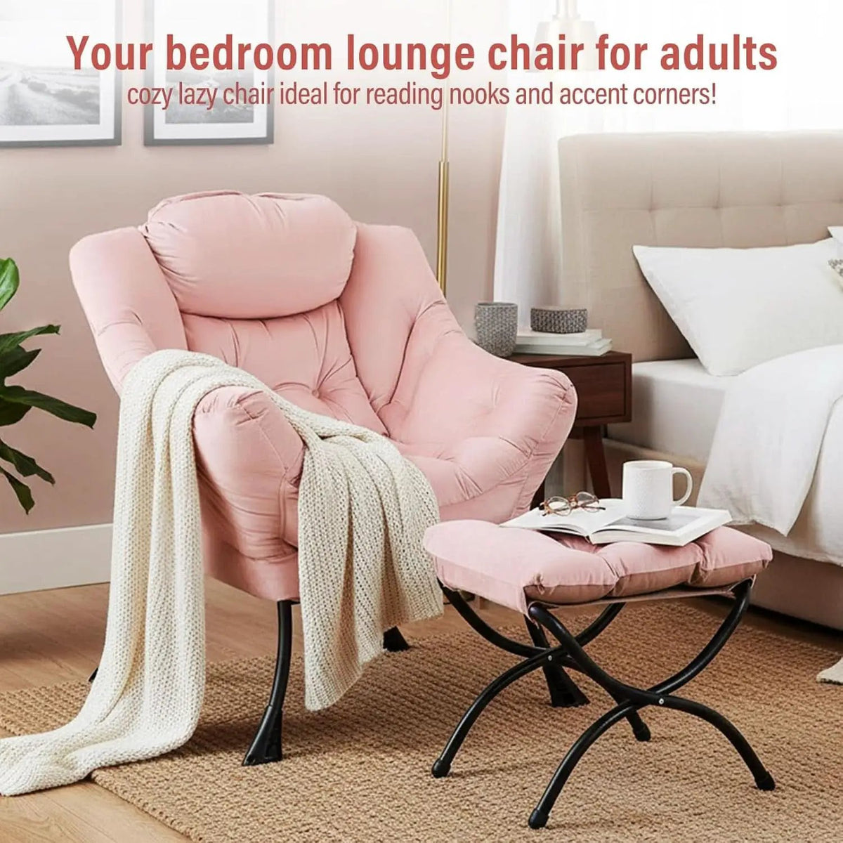 Pink Velvet Lounge Chair With Folding Footrest Ottoman from PriceLows™