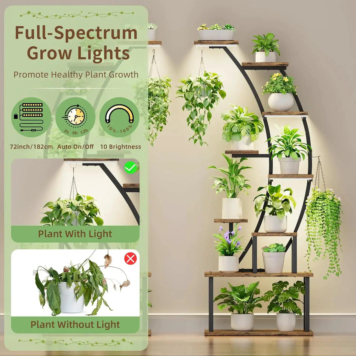 9 Tier Tall Plant Stand with Grow Lights, 64 Inch Metal Shelf for Indoor Plants, Curved Display Rack for Living Room Patio from PriceLows™