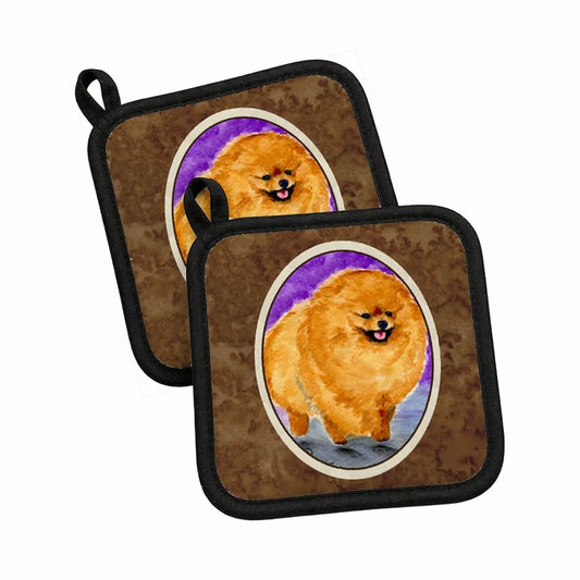 Pot Holder Set of 2 | Heat Resistant Quilted Hot Pads | 7.5 x 7.5 Inch | Pomeranian (Style 2)