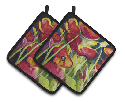 Pot Holder Set of 2 | Heat Resistant Quilted Hot Pads | 7.5 x 7.5 Inch | Poppies