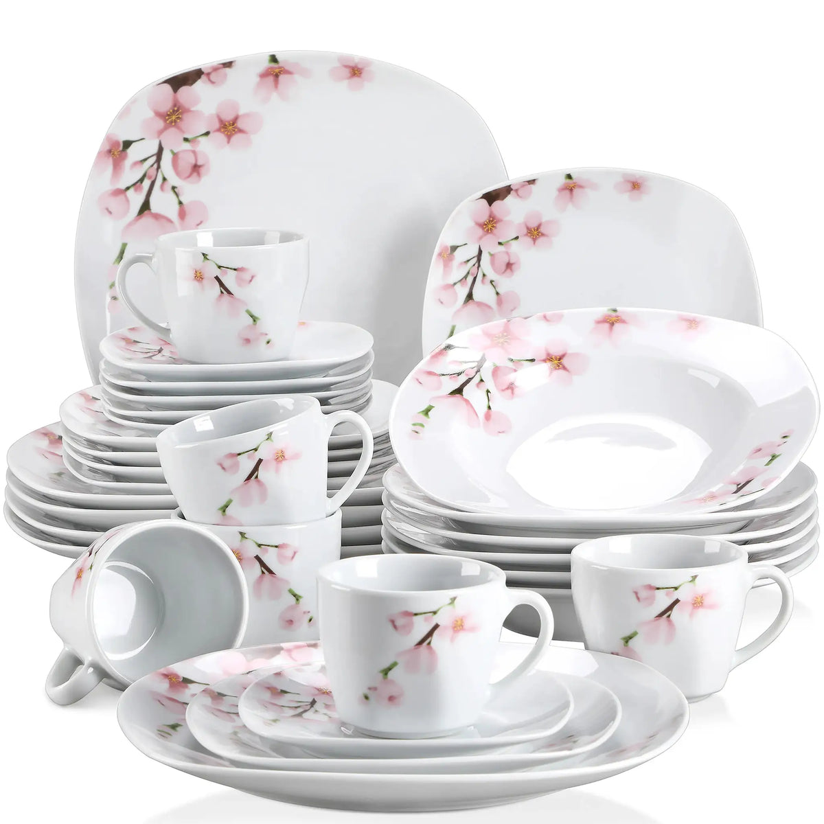 VEWEET ANNIE 30/24/20 Pcs Porcelain Dinnerware Set Pink Floral Plates Dinner Set with Dinner Plate/Dessert/Soup/Cup/Saucer from PriceLows™