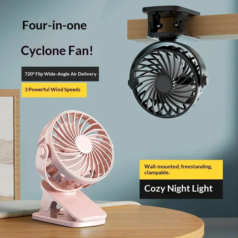 Portable Clip Fan | Rotates 720 Degrees | Night Light | Rechargeable 4W 5V from PriceLows™