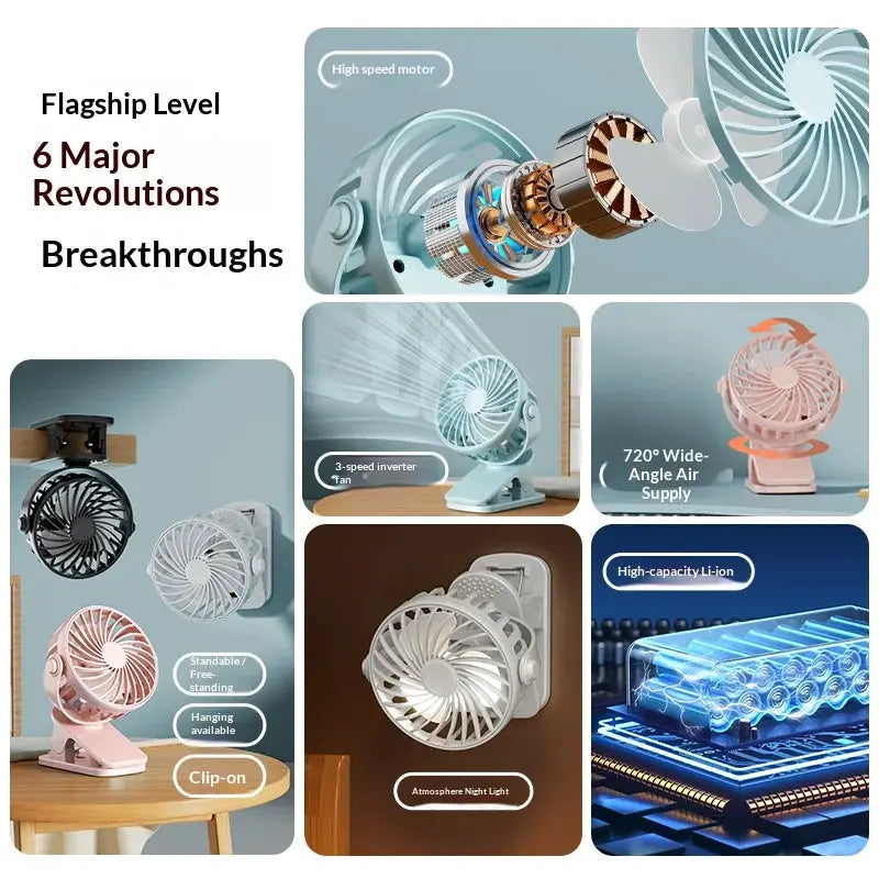 Portable Clip Fan | Rotates 720 Degrees | Night Light | Rechargeable 4W 5V from PriceLows™