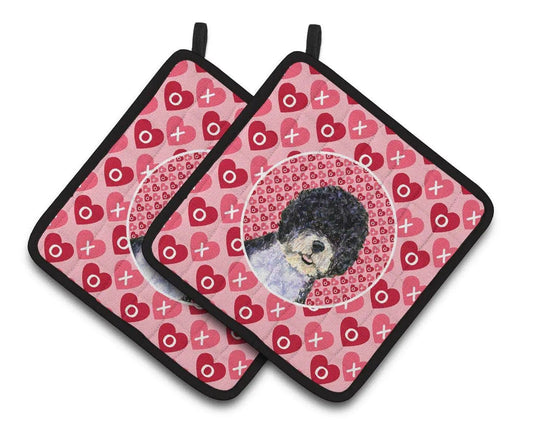 Pot Holder Set of 2 | Heat Resistant Quilted Hot Pads | 7.5 x 7.5 Inch | Portuguese Water Dog Hearts Love Valentine's Day