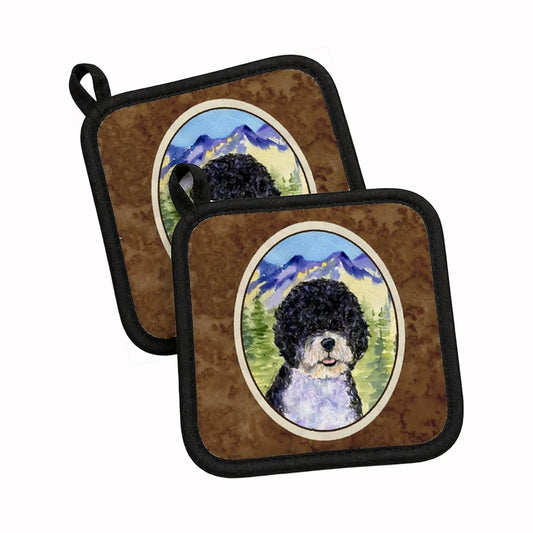 Pot Holder Set of 2 | Heat Resistant Quilted Hot Pads | 7.5 x 7.5 Inch | Portuguese Water Dog (Style 3)