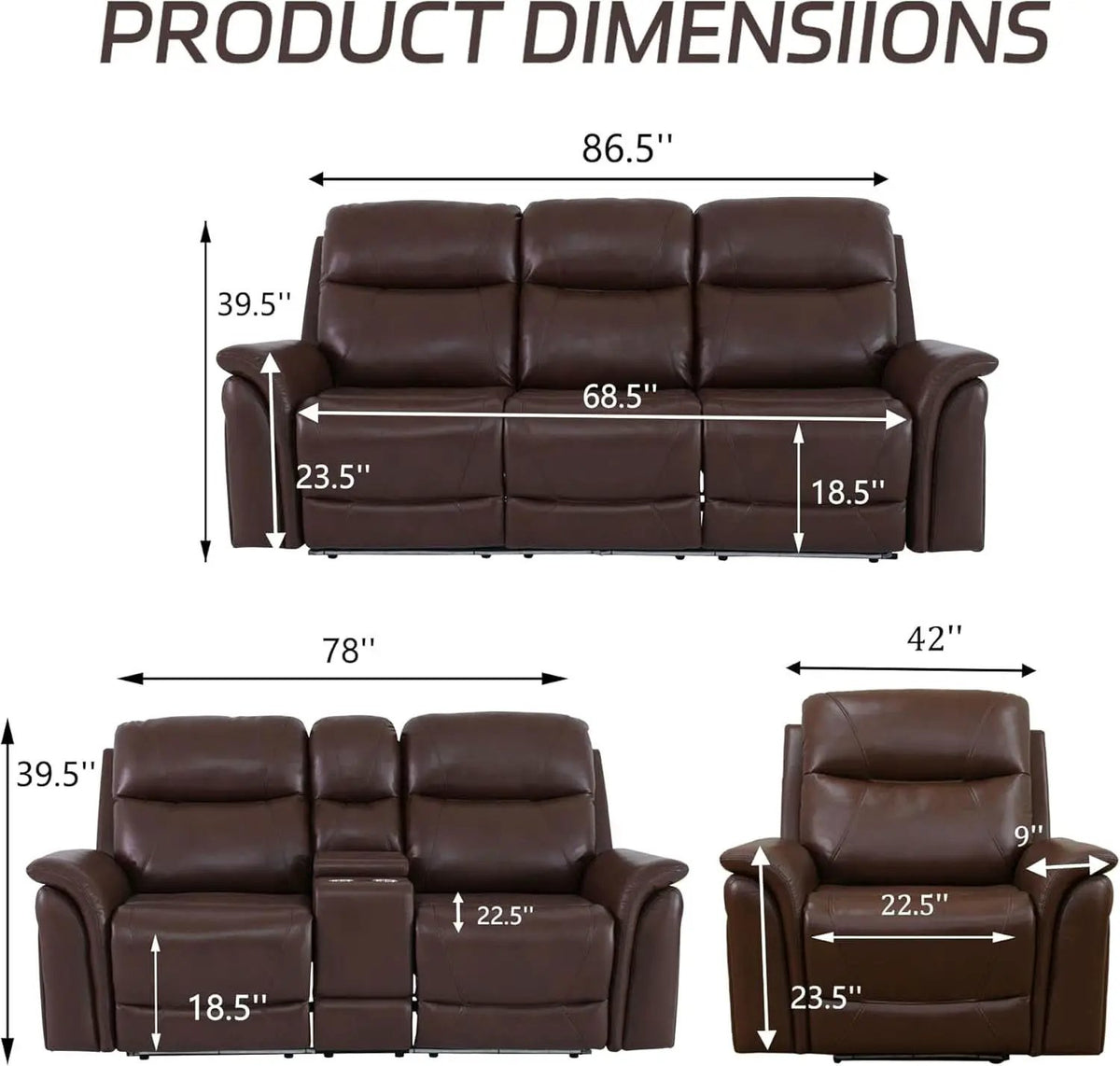 Power Recliner Sofa Set With LED Leather 3 Piece Brown Living Room