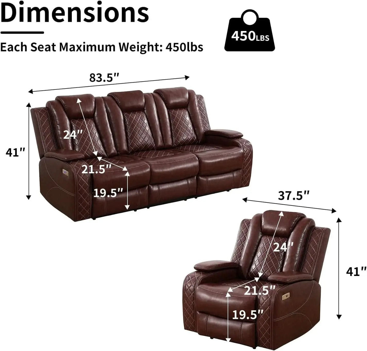 Power Reclining Brown Leather Sofa Set For Living Room from PriceLows™