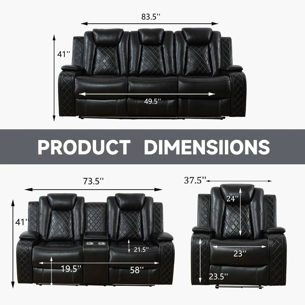 Power Reclining Leather Sofa Set With USB Ports Black from PriceLows™