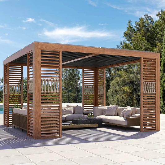 Premium Outdoor Wood Grain Louvered Pergola With Integrated Drainage | Metal | Outdoor Living Use | Outdoor Living