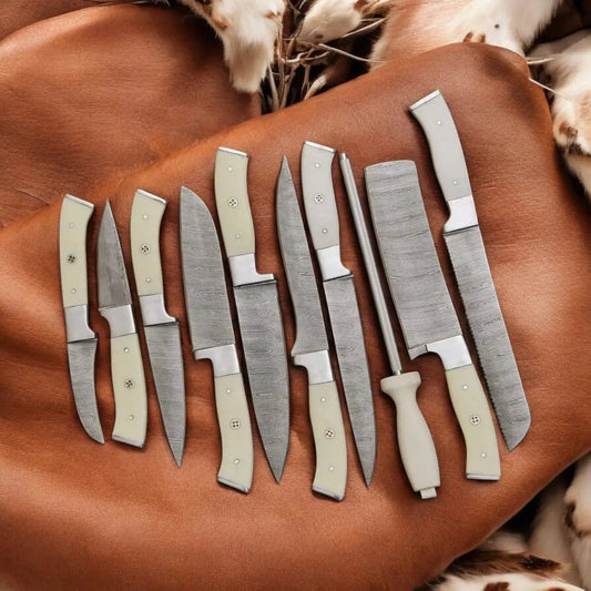 "Premium Damascus Kitchen Knife Set with Leather Case - Handcrafted Sharp Blades" (Style 2) | Damascus Steel | Kitchen Knives Set | Home