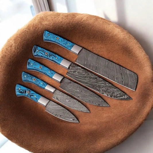 "Premium Damascus Kitchen Knife Set - Handcrafted Blades with Leather Case" | Damascus Steel | Kitchen Knives Set | Home
