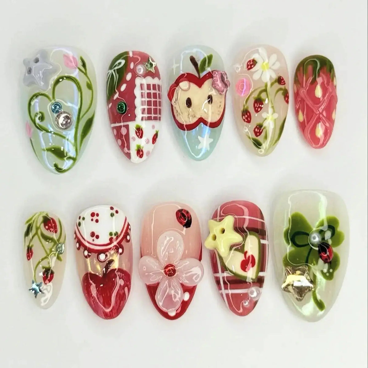 Press On Nails | Almond Green Lotus Design | PriceLows™