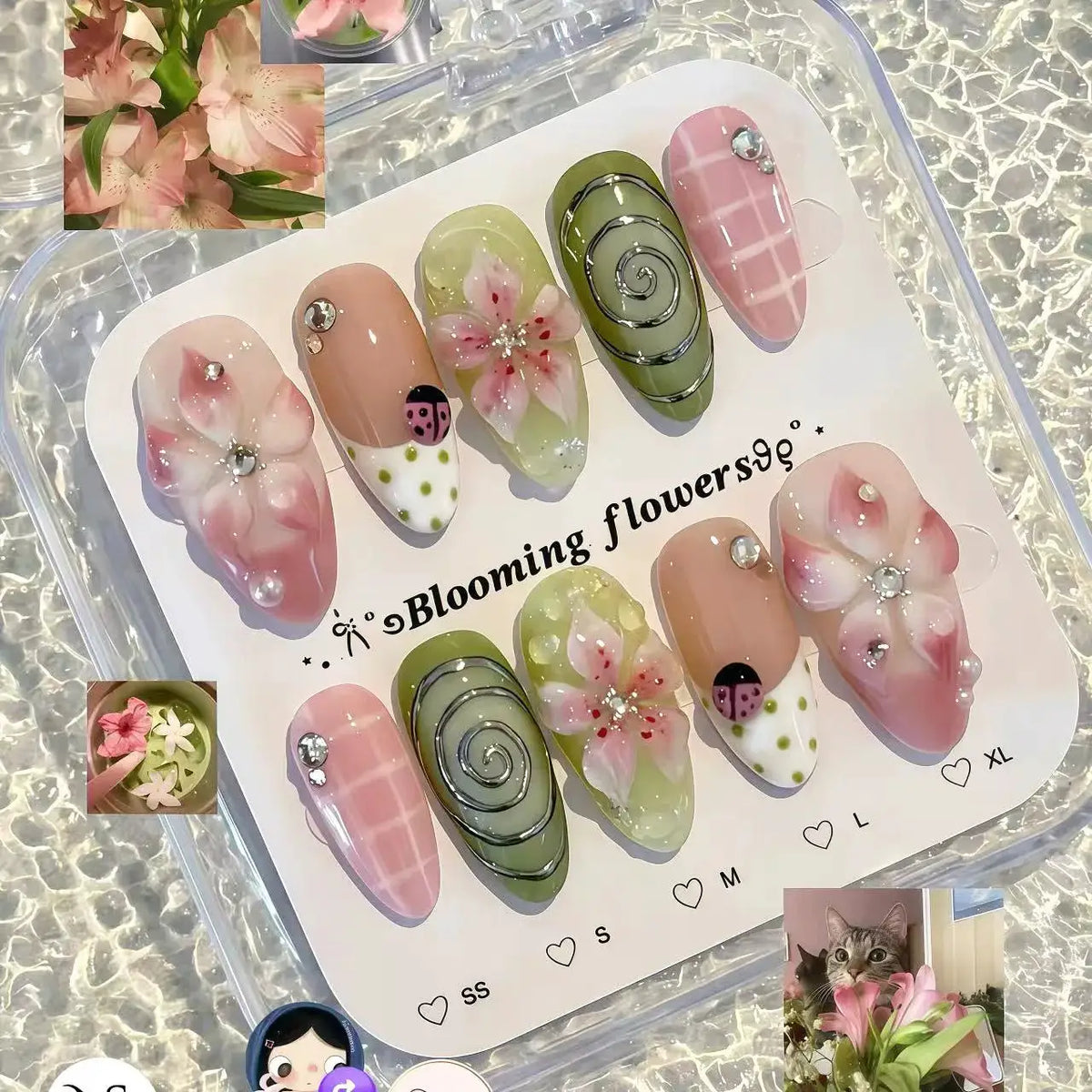 Press On Nails | Almond Green Lotus Design | PriceLows™