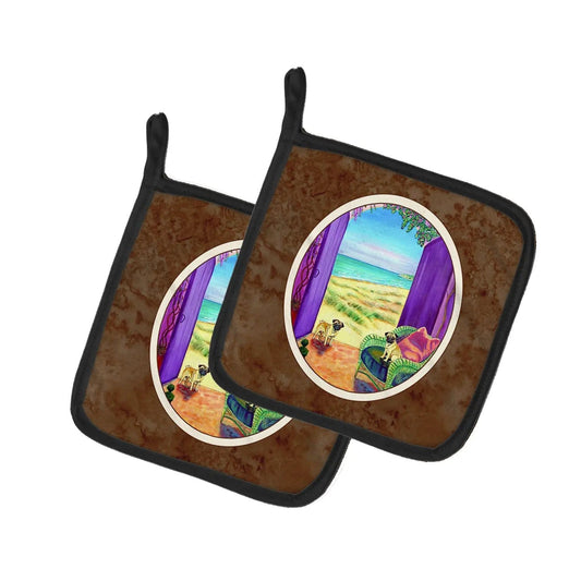Pot Holder Set of 2 | Heat Resistant Quilted Hot Pads | 7.5 x 7.5 Inch | Pug Let's go Outside