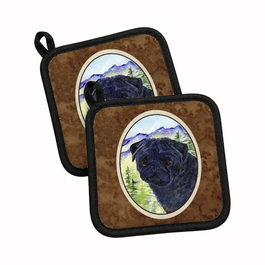 Pot Holder Set of 2 | Heat Resistant Quilted Hot Pads | 7.5 x 7.5 Inch | Pug (Style 5)