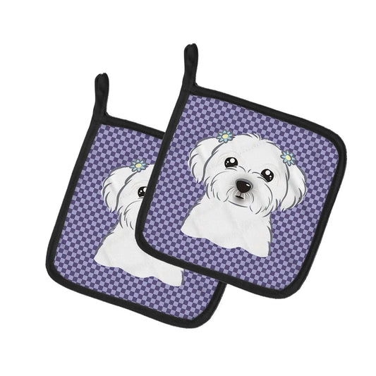 Pot Holder Set of 2 | Heat Resistant Quilted Hot Pads | 7.5 x 7.5 Inch | Purple Checkered Maltese