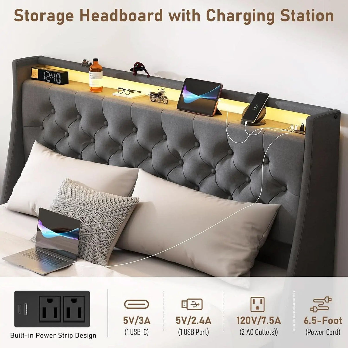 Queen Bed Frame With Storage Headboard LED Lighting from PriceLows™