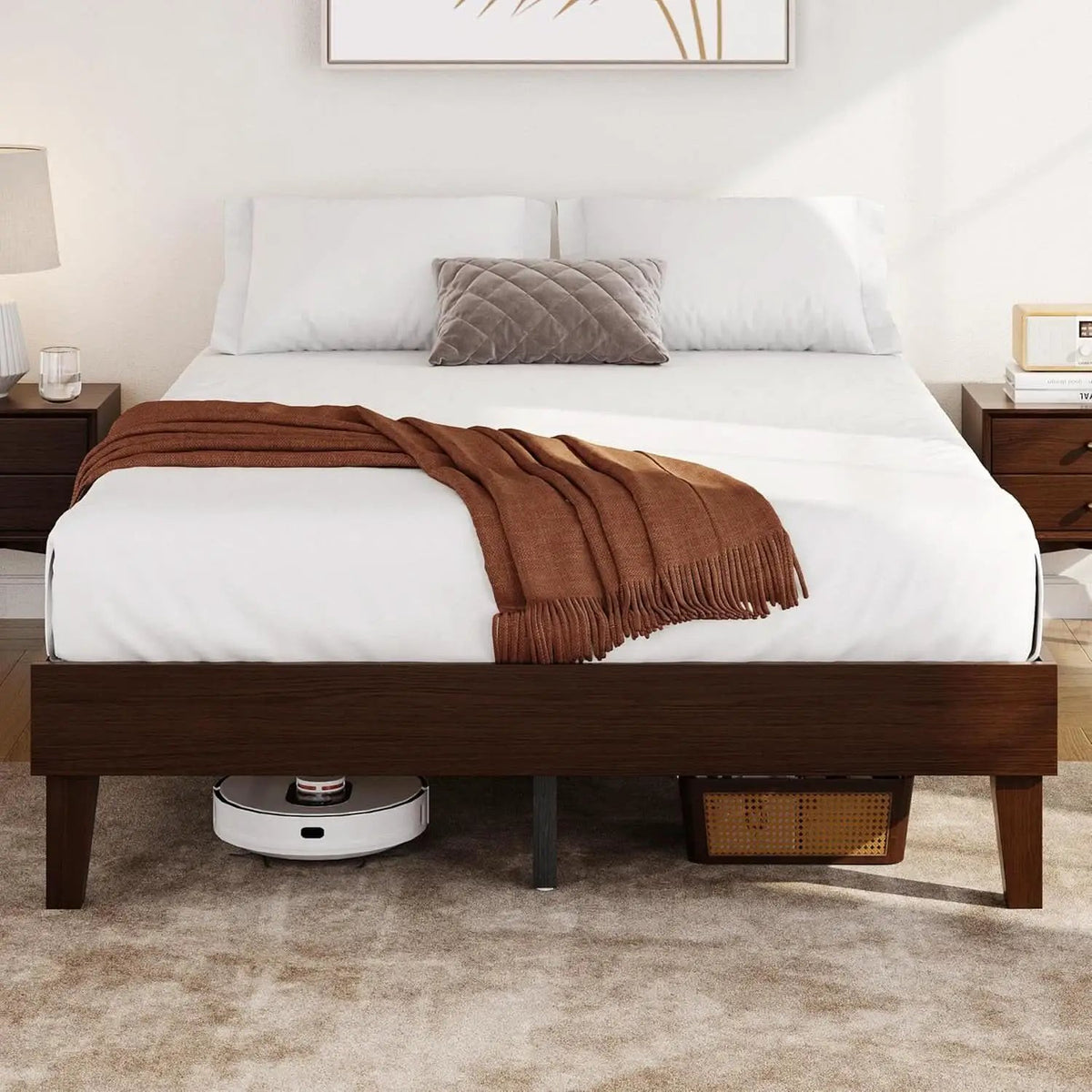 Queen Platform Bed Frame Dark Walnut Underbed Storage from PriceLows™