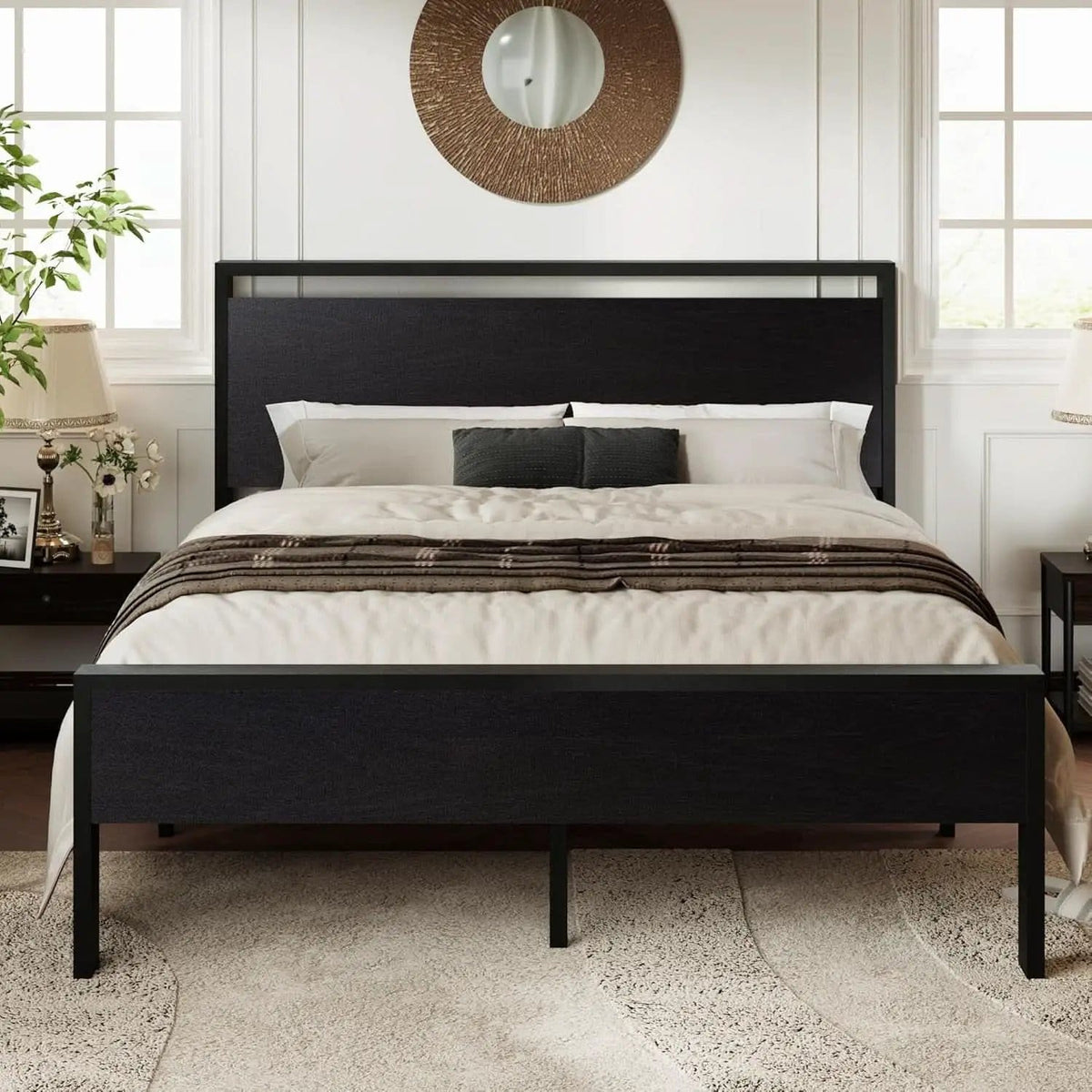 Queen Platform Bed Frame With Wooden Headboard And Footboard Black Oak from PriceLows™