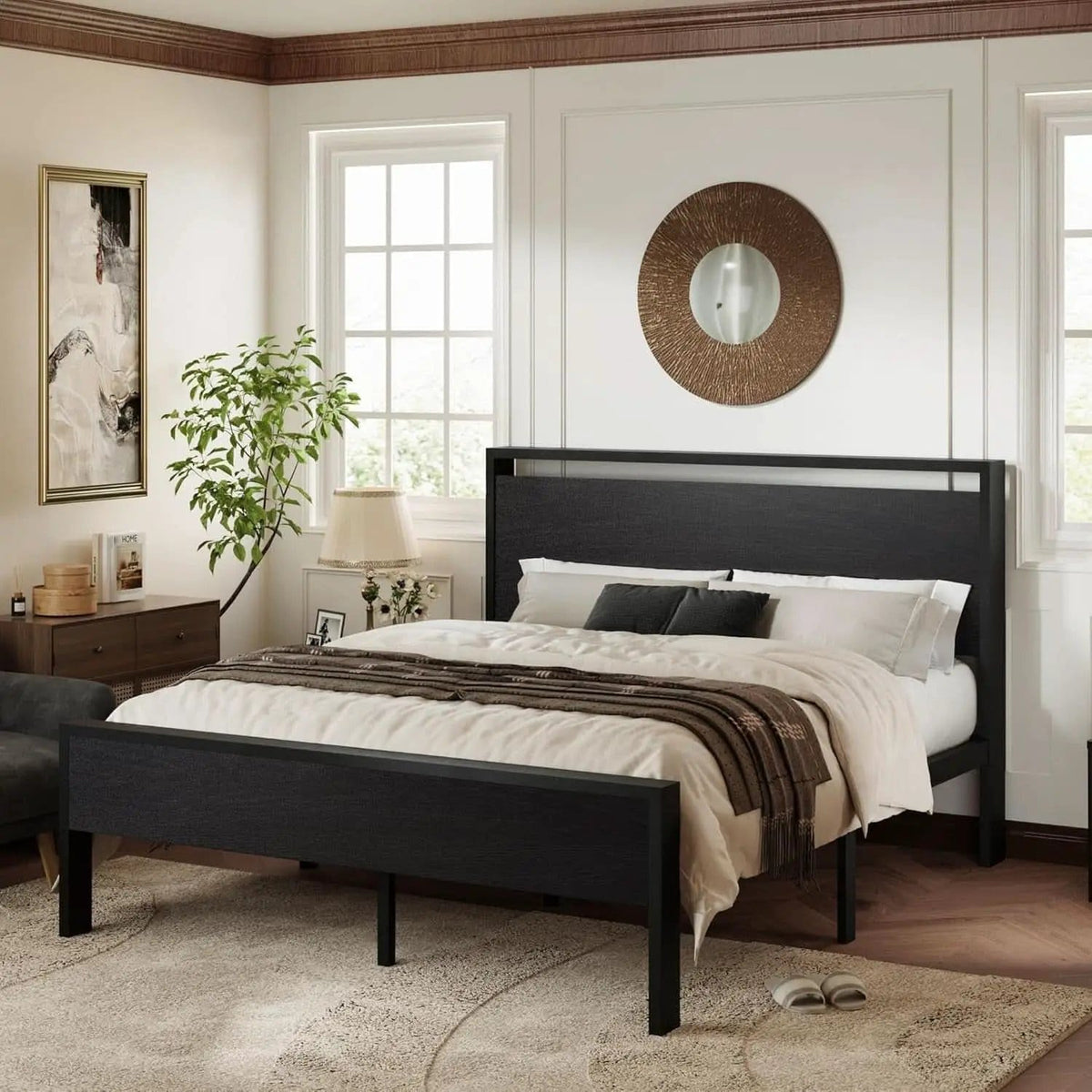 Queen Platform Bed Frame With Wooden Headboard And Footboard Black Oak from PriceLows™