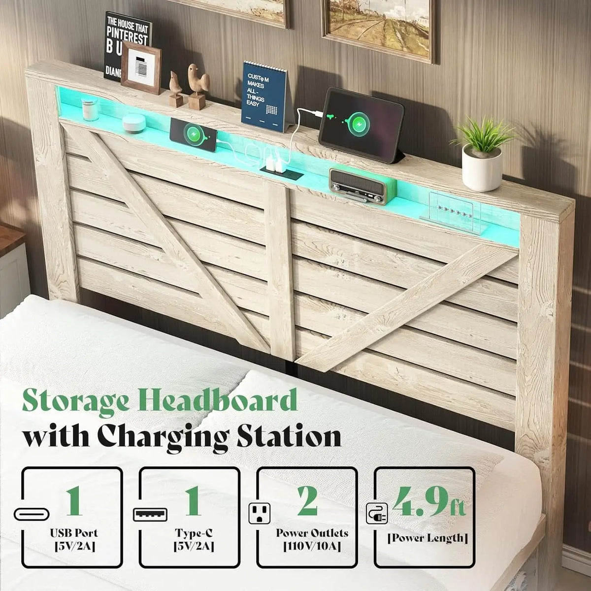 Queen Size Farmhouse Storage Bed With LED Lighting from PriceLows™